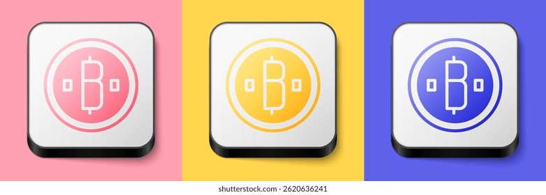 Isometric Cryptocurrency coin Bitcoin icon isolated on pink, yellow and blue background. Physical bit coin. Blockchain based secure crypto currency. Square button. Vector