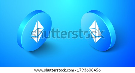 Isometric Cryptocurrency coin Ethereum ETH icon isolated on blue background. Digital currency. Altcoin symbol. Blockchain based secure crypto currency. Blue circle button. Vector.