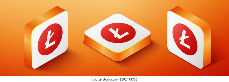 Isometrische Kryptowährungsmünze Litecoin LTC Symbol einzeln auf orangefarbenem Hintergrund. Digitale Währung. Altcoin-Symbol. Blockchain-basierte sichere Kryptowährung. Orangefarbene Quadrat-Taste. Vektorgrafik.