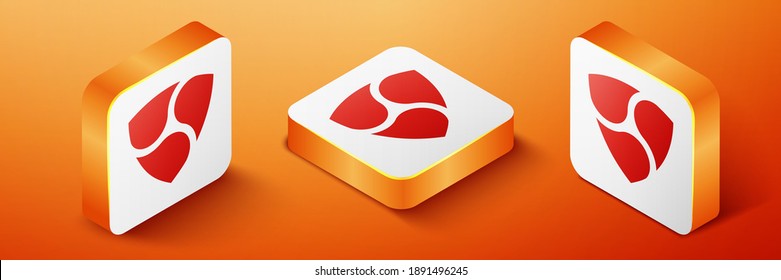 Isometric Cryptocurrency coin NEM XEM icon isolated on orange background. Physical bit coin. Digital currency. Blockchain based secure crypto currency. Orange square button. Vector.