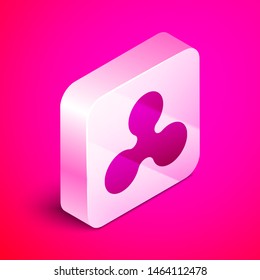 Isometric Cryptocurrency coin Ripple XRP icon isolated on pink background. Altcoin symbol. Blockchain based secure crypto currency. Silver square button. Vector Illustration
