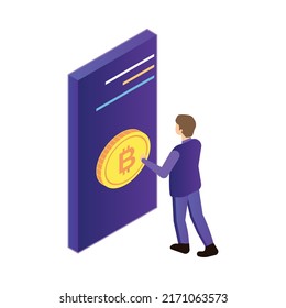 Isometric cryptocurrency composition with isolated images of golden coin and infrastructure elements vector illustration