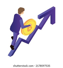 Isometric cryptocurrency composition with isolated images of golden coin and infrastructure elements vector illustration