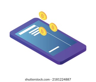 Isometric cryptocurrency composition with isolated images of golden coin and infrastructure elements vector illustration