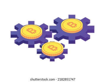 Isometric cryptocurrency composition with isolated images of golden coin and infrastructure elements vector illustration