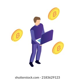 Composición criptodivisa isométrica con imágenes aisladas de monedas doradas y elementos de infraestructura ilustración vectorial