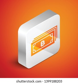 Isometric Cryptocurrency concept bitcoin in circle with microchip circuit icon isolated on orange background. Blockchain technology, digital money market. Silver square button. Vector Illustration