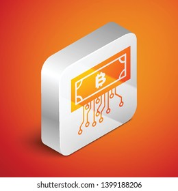 Isometric Cryptocurrency concept bitcoin in circle with microchip circuit icon isolated on orange background. Blockchain technology, digital money market. Silver square button. Vector Illustration