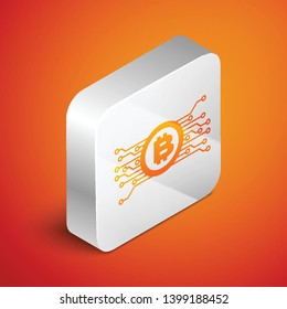 Isometric Cryptocurrency concept bitcoin in circle with microchip circuit icon isolated on orange background. Blockchain technology, digital money market. Silver square button. Vector Illustration