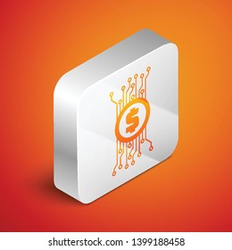 Isometric Cryptocurrency concept bitcoin in circle with microchip circuit icon isolated on orange background. Blockchain technology, digital money market. Silver square button. Vector Illustration