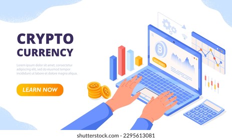 Isometric cryptocurrency concept. Man on laptop looks at graphs and charts, infographics. Blockchain technology and trading, investment. Bitcoin, altcoin and litecoin. Cartoon vector illustration