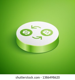 Isometric Cryptocurrency exchange icon isolated on green background. Bitcoin to dollar exchange icon. Cryptocurrency technology, mobile banking. White circle button. Vector Illustration