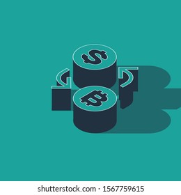 Isometric Cryptocurrency exchange icon isolated on green background. Bitcoin to dollar exchange icon. Cryptocurrency technology, mobile banking.  Vector Illustration