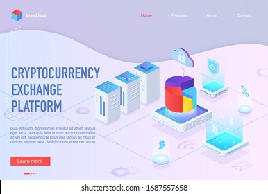 Isometric cryptocurrency exchange light purple web landing page. Blockchain business, crypto market concept vector illustration for website, banner, poster. Online digital currency financial platform