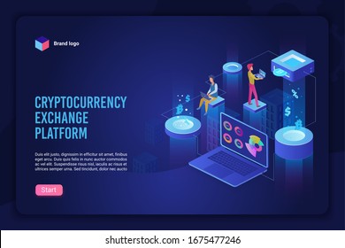 Isometric cryptocurrency exchange, payment concept vector illustration for banner, poster, website. Network crypto mining business landing page. Modern internet platform digital currency farming