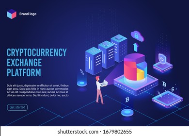 Isometric cryptocurrency exchange platform ultraviolet landing page. Crypto mining, blockchain business concept vector illustration for banner, poster, website. Internet, computer digital currency pay