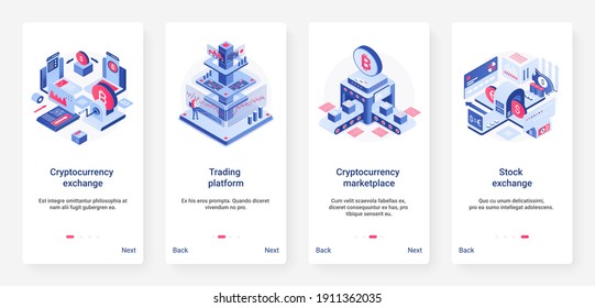 Isometric cryptocurrency exchange trading platform vector illustration. UX, UI onboarding mobile app page screen set with cartoon 3d trader work, blockchain, crypto currency data stock marketplace