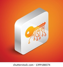 Isometric Cryptocurrency key icon isolated on orange background. Concept of cyber security or private key, digital key with technology interface. Silver square button. Vector Illustration