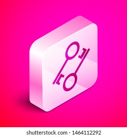 Isometric Cryptocurrency key icon isolated on pink background. Concept of cyber security or private key, digital key with technology interface. Silver square button. Vector Illustration