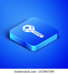 Isometric Cryptocurrency key icon isolated on blue background. Concept of cyber security or private key, digital key with technology interface. Blue square button. Vector Illustration