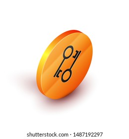 Isometric Cryptocurrency key icon isolated on white background. Concept of cyber security or private key, digital key with technology interface. Orange circle button. Vector Illustration