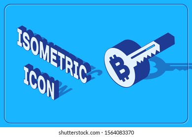 Isometric Cryptocurrency key icon isolated on blue background. Concept of cyber security or private key, digital key with technology interface.  Vector Illustration