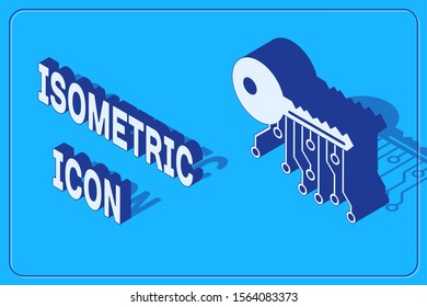 Isometric Cryptocurrency key icon isolated on blue background. Concept of cyber security or private key, digital key with technology interface.  Vector Illustration