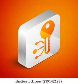 Isometric Cryptocurrency key icon aislado en el fondo naranja. Concepto de ciberseguridad o clave privada, clave digital con interfaz de tecnología. Botón cuadrado plateado. Vector