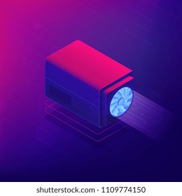 Isometric cryptocurrency miner concept. Bitcoin miner hardware, software and dedicated computer network on ultra violet background. Vector 3d isometric illustration.
