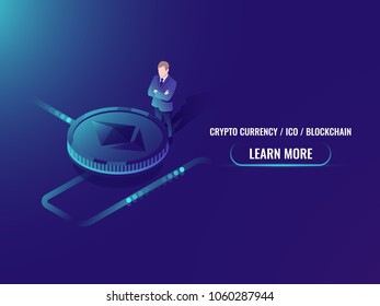 Isometric cryptocurrency mining and buying concept, investment in crypto currency, business man stay by ethereum coin vector illustration