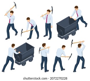 Isometric Cryptocurrency Mining concept. Business miner cryptocurrency or business finance. Worker with pick peck bit coin from mountain ore.