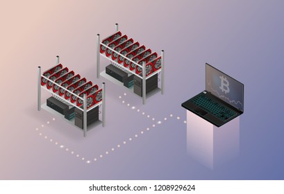 Isometric cryptocurrency mining concept.Vector illustration.