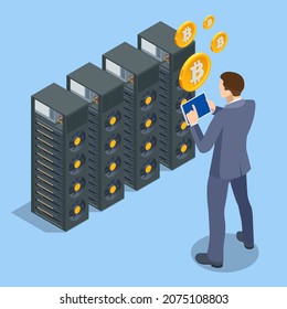 Isometric cryptocurrency mining farm. Cryptocurrency mining equipment. Blockchain system