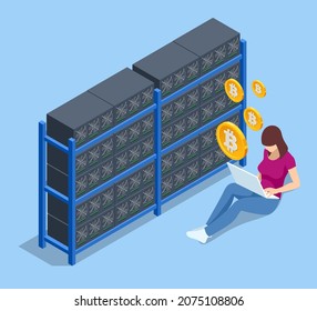 Isometric cryptocurrency mining farm. Cryptocurrency mining equipment. Blockchain system