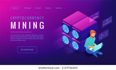 Concepto de página de inicio de minería de criptodivisa isométrica. Sistema global Blockchain, granja de servidores de tarjetas de vídeo, equipo de unidad de procesamiento de datos sobre fondo ultravioleta. Ilustración isométrica vectorial 3d.