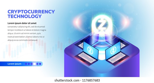Isometric Cryptocurrency technology banner. Blockchain technology, cryptocurrency and a digital payment network for financial transactions. Abstract blue background with zcash simbol.