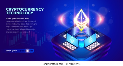 Isometric Cryptocurrency technology banner. Blockchain technology, cryptocurrency and a digital payment network for financial transactions. Abstract blue background with Ethereum simbol.