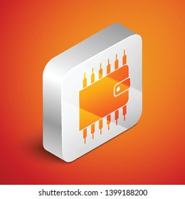 Isometric Cryptocurrency wallet icon isolated on orange background. Wallet and bitcoin sign. Mining concept. Money, payment, cash, pay icon. Silver square button. Vector Illustration
