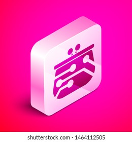 Isometric Cryptocurrency wallet icon isolated on pink background. Wallet and bitcoin sign. Mining concept. Money, payment, cash, pay icon. Silver square button. Vector Illustration