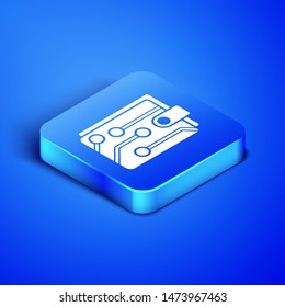 Isometric Cryptocurrency wallet icon isolated on blue background. Wallet and bitcoin sign. Mining concept. Money, payment, cash, pay icon. Blue square button. Vector Illustration
