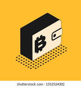 Isometric Cryptocurrency wallet icon isolated on yellow background. Wallet and bitcoin sign. Mining concept. Money, payment, cash, pay icon.  Vector Illustration