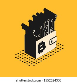 Isometric Cryptocurrency wallet icon isolated on yellow background. Wallet and bitcoin sign. Mining concept. Money, payment, cash, pay icon.  Vector Illustration