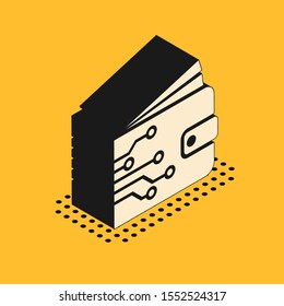 Isometric Cryptocurrency wallet icon isolated on yellow background. Wallet and bitcoin sign. Mining concept. Money, payment, cash, pay icon.  Vector Illustration