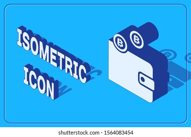 Isometric Cryptocurrency wallet icon isolated on blue background. Wallet and bitcoin sign. Mining concept. Money, payment, cash, pay icon.  Vector Illustration