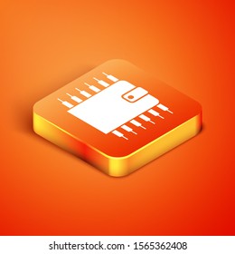 Isometric Cryptocurrency wallet icon isolated on orange background. Wallet and bitcoin sign. Mining concept. Money, payment, cash, pay icon.  Vector Illustration