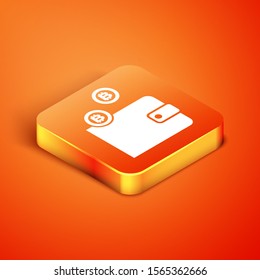 Isometric Cryptocurrency wallet icon isolated on orange background. Wallet and bitcoin sign. Mining concept. Money, payment, cash, pay icon.  Vector Illustration