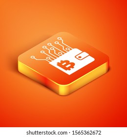 Isometric Cryptocurrency wallet icon isolated on orange background. Wallet and bitcoin sign. Mining concept. Money, payment, cash, pay icon.  Vector Illustration