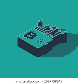 Isometric Cryptocurrency wallet icon isolated on green background. Wallet and bitcoin sign. Mining concept. Money, payment, cash, pay icon.  Vector Illustration