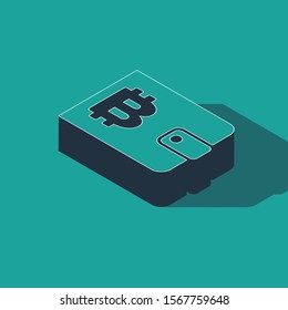Isometric Cryptocurrency wallet icon isolated on green background. Wallet and bitcoin sign. Mining concept. Money, payment, cash, pay icon.  Vector Illustration