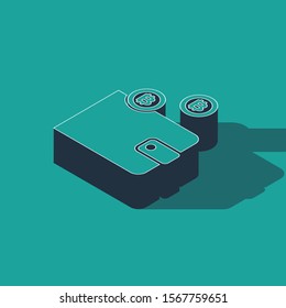 Isometric Cryptocurrency wallet icon isolated on green background. Wallet and bitcoin sign. Mining concept. Money, payment, cash, pay icon.  Vector Illustration